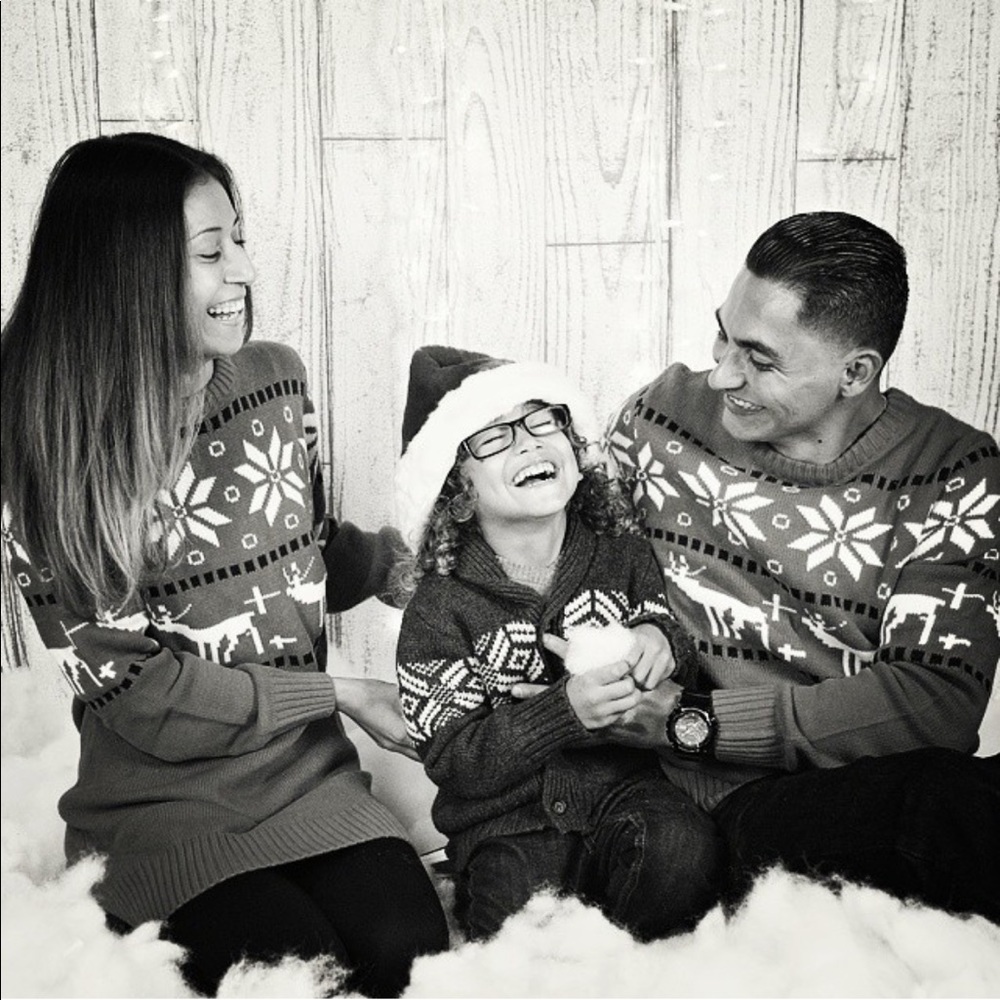 couples matching red knit reindeer dress & sweater